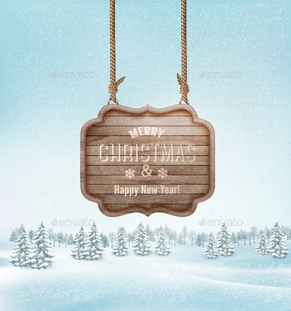 Winter Landscape with a Wooden Sign - Christmas Seasons/Holidays
