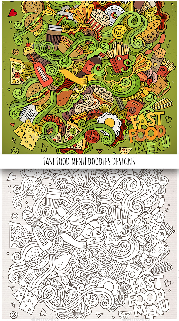 2 Fast Food Doodles Backgrounds - Food Objects