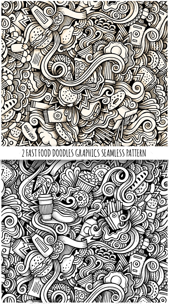 2 Fastfood Doodles Graphics Seamless Patterns - Food Objects