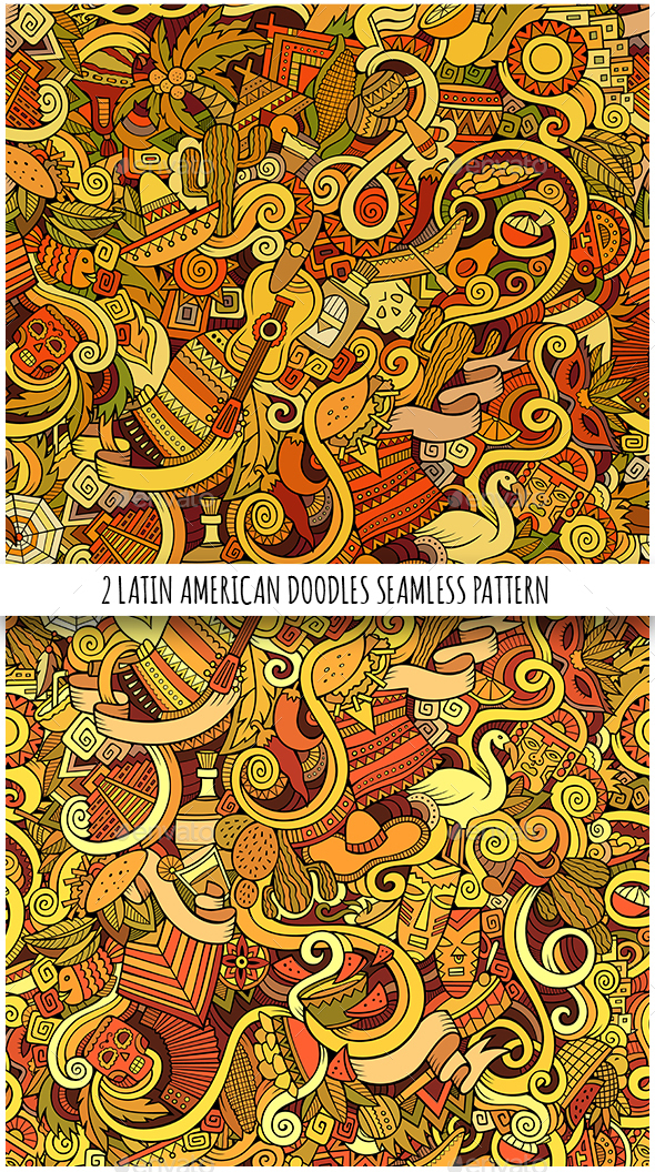 2 Latin American Doodles Seamless Patterns - Travel Conceptual