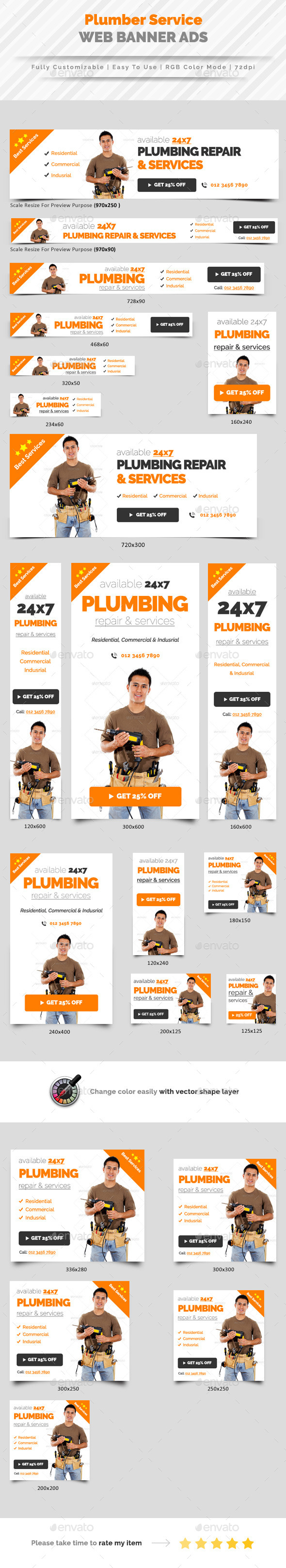 Plumbing Service Web Banner Ads - Banners & Ads Web Elements
