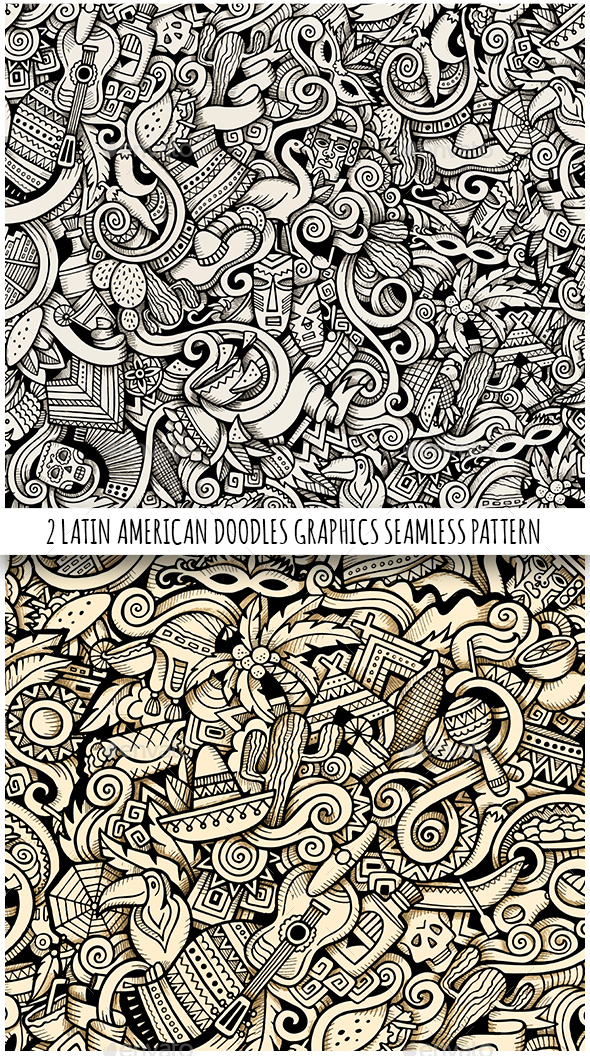 2 Latin America Doodles Graphics Seamless Patterns - Travel Conceptual