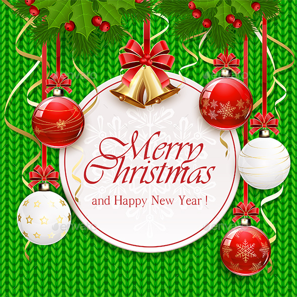 Christmas Balls and Card on Green Knitted Pattern - Christmas Seasons/Holidays