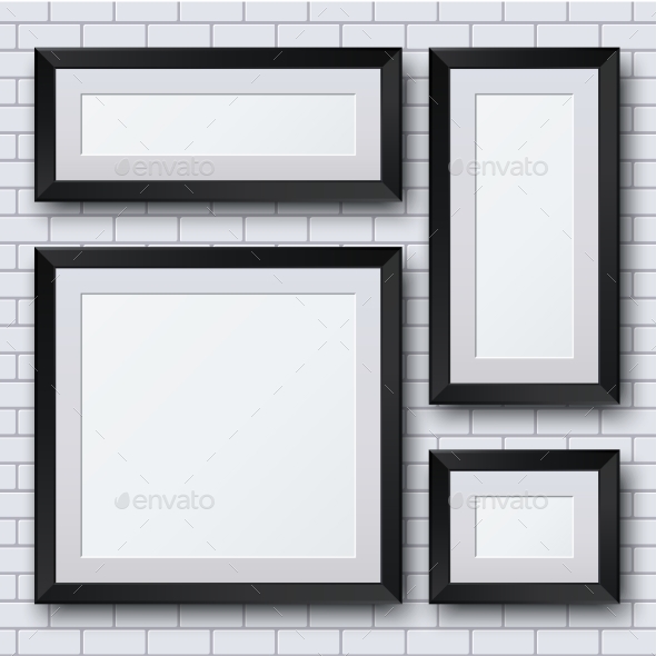 Vector Blank Picture Frame Set On Brick Wall. - Borders Decorative