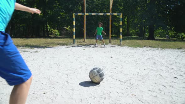 Boys Playing Street Football, Goalkeeper Catching Ball, Sport School Training