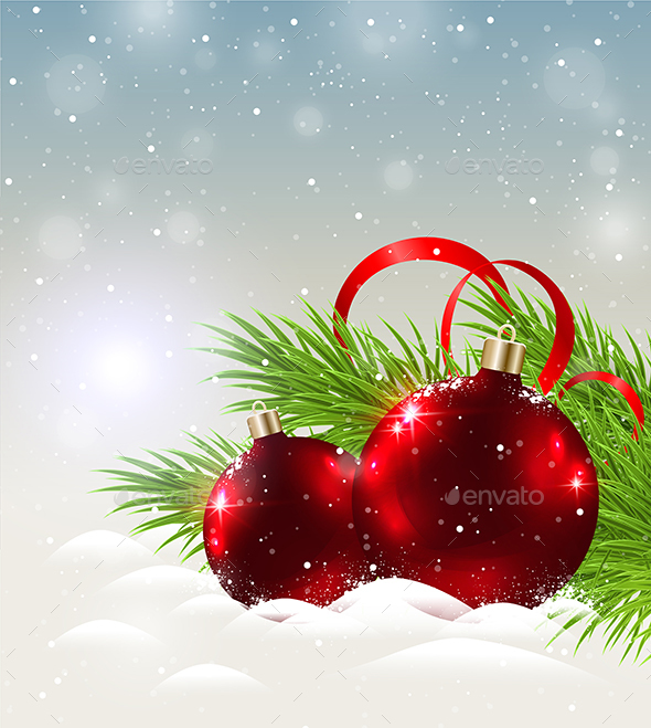 Two Shining Red Decorations in Snow - Christmas Seasons/Holidays