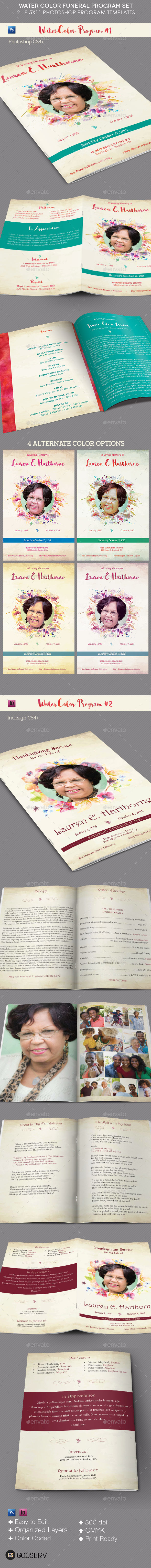 Watercolor Funeral Program Template Set - Informational Brochures