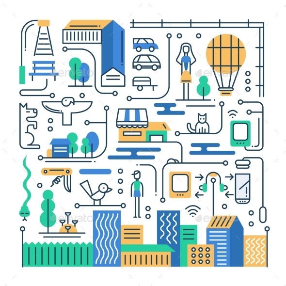 City Life Line Flat Design Illustration - Miscellaneous Vectors