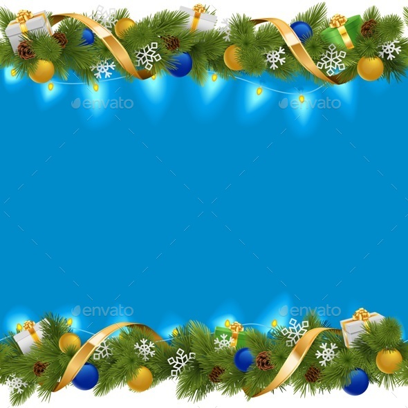 Vector Blue Christmas Border with Garland - Christmas Seasons/Holidays