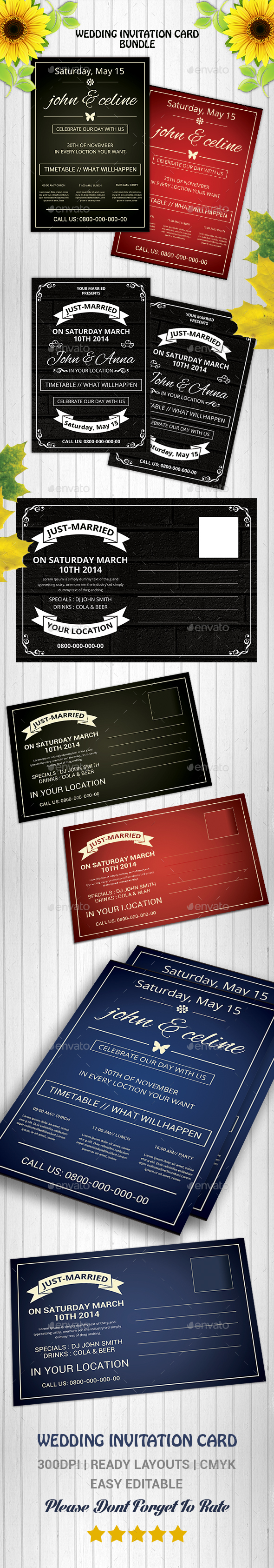 Wedding Invitation PostCards Bundle - Cards & Invites Print Templates