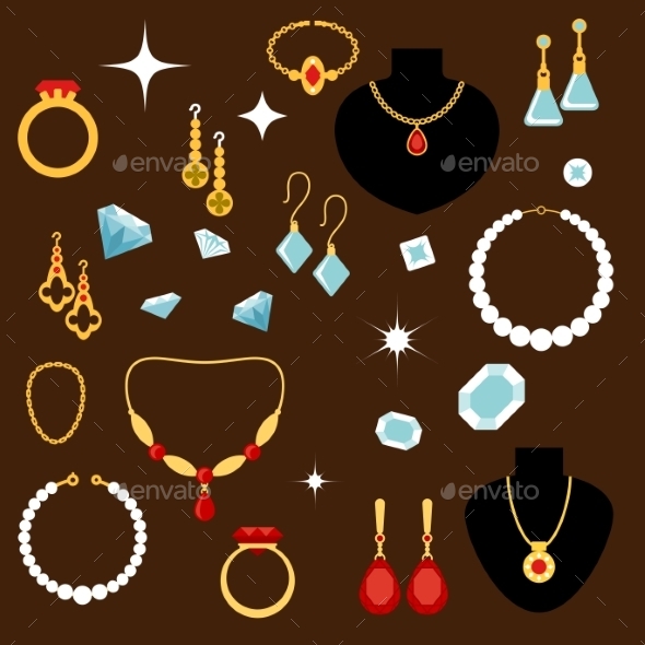 Jewelleries And Gemstones Flat Icons - Objects Vectors