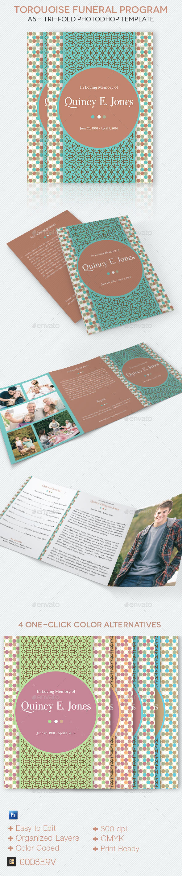 Turquoise A5 Tri-Fold Funeral Program Template - Informational Brochures