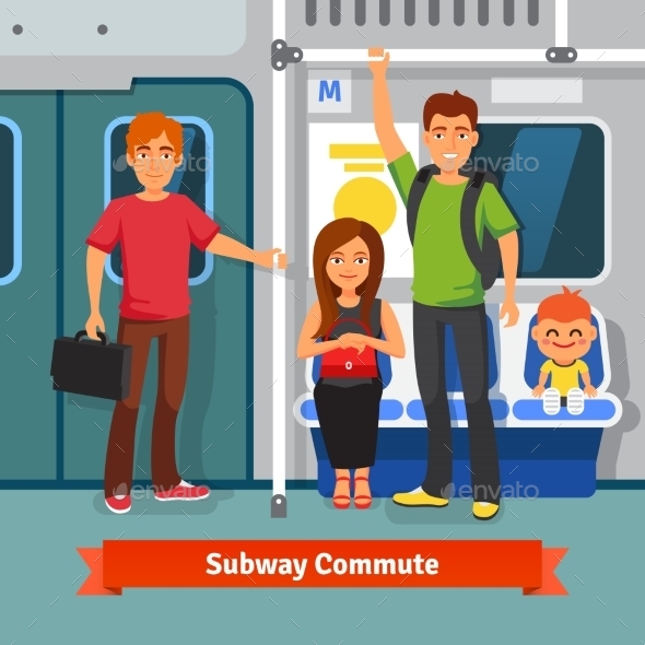 Subway Commute. People Sitting, Standing In Train - Travel Conceptual