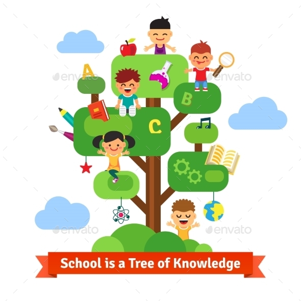 School Tree Of Knowledge And Children Education - People Characters