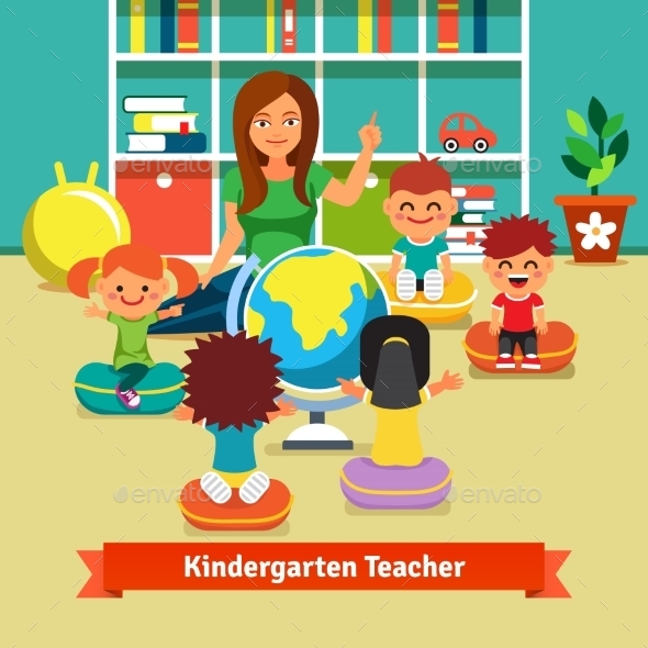 Kindergarden Teacher Teaching Kids Geography - People Characters