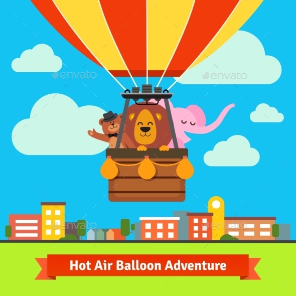 Happy Cartoon Animals Flying On Hot Air Balloon - Animals Characters