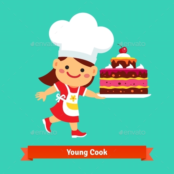 Smiling Girl Cook Holding a Big Birthday Cake - Food Objects