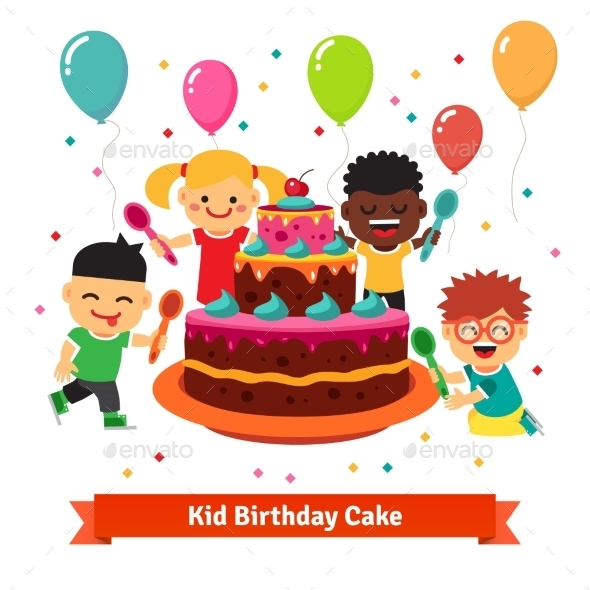 Happy Smiling Celebrating Kids With Birthday Cake - Birthdays Seasons/Holidays