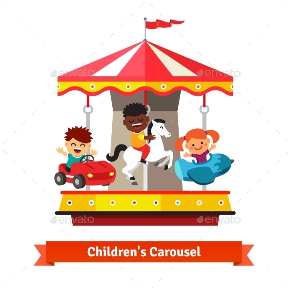 Kids Having Fun On a Carnival Carousel - People Characters