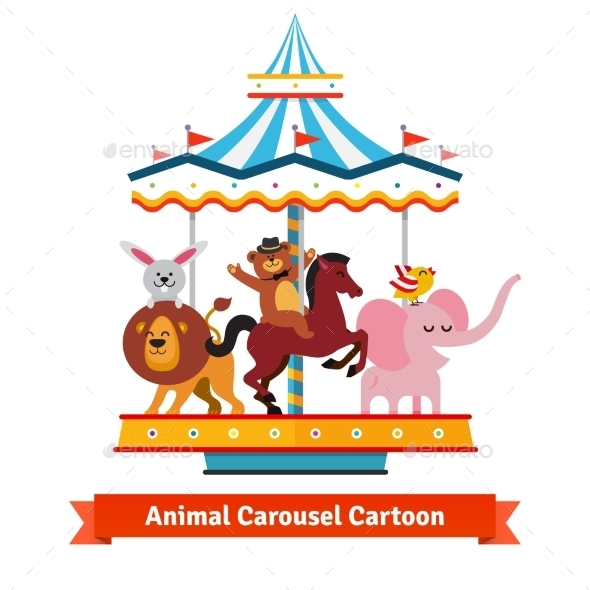 Funny Cartoon Animals Riding On Carnival Carousel - Animals Characters