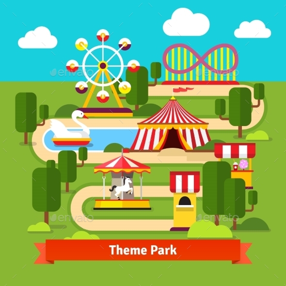 Amusement Park Map, Ferris Wheel, Roller Coaster - Conceptual Vectors