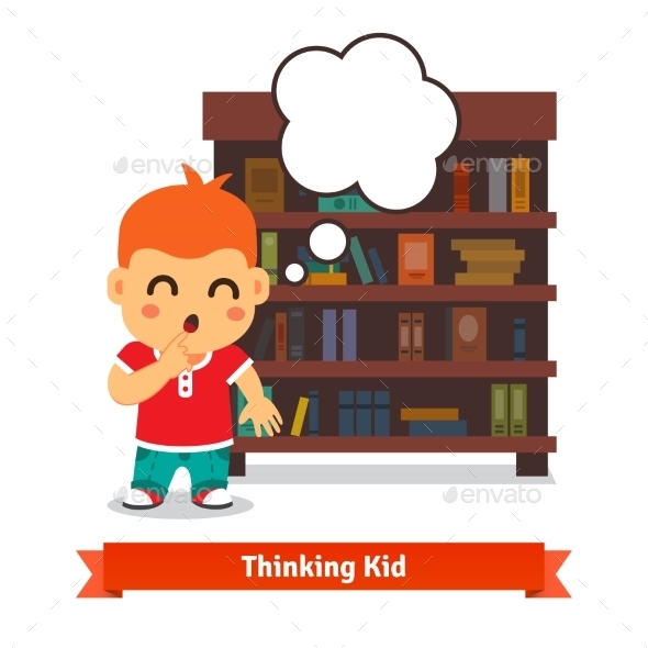 Thinking Kid In Front Of Full Bookshelf - People Characters