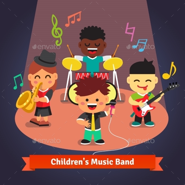 Kids Music Band Playing And Singing On Stage - People Characters