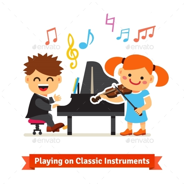Boy And Girl Playing Music On Piano, Violin - People Characters