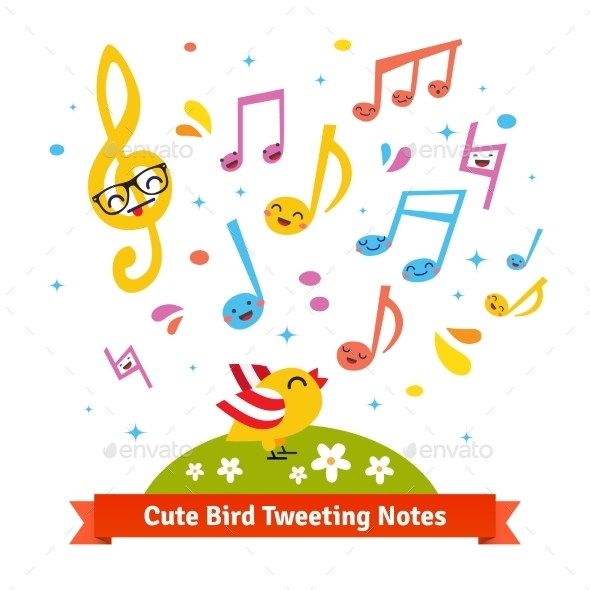 Bird Tweeting And Singing Cartoon Musical Notes - Animals Characters