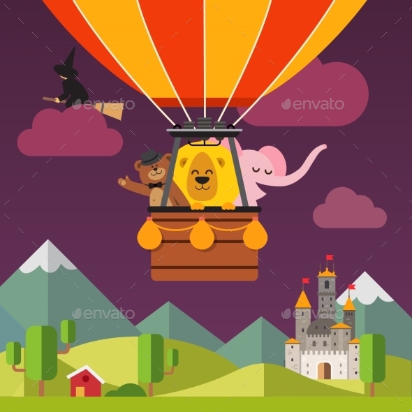 Happy Cartoon Animals Flying on Hot Air Balloon - Animals Characters