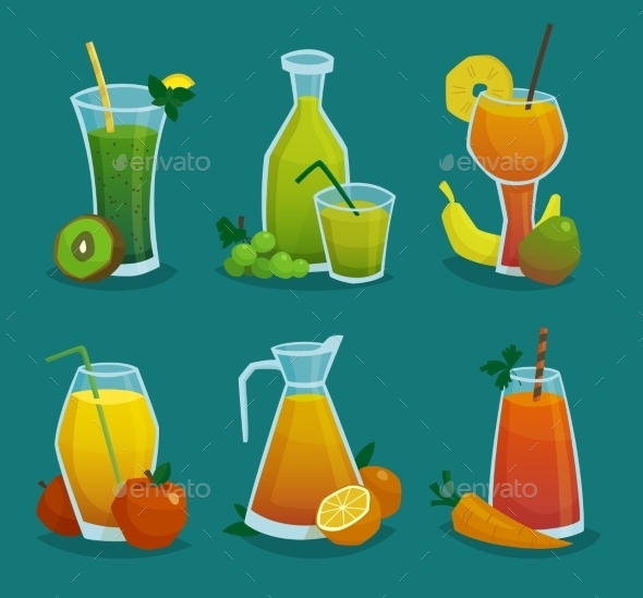 Fresh Juice and Fruits Icons Set