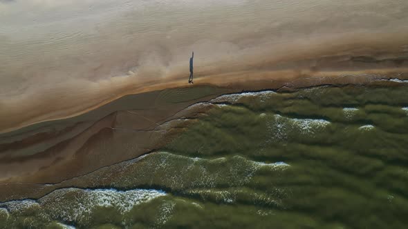 Aerial View Of Person Shadow Walking On Seaside Shore