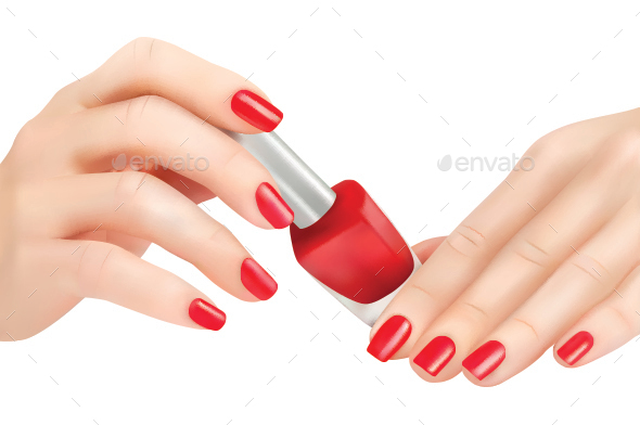 Hands with Red Polished Nails and Nail Polish Bottle - Health/Medicine Conceptual