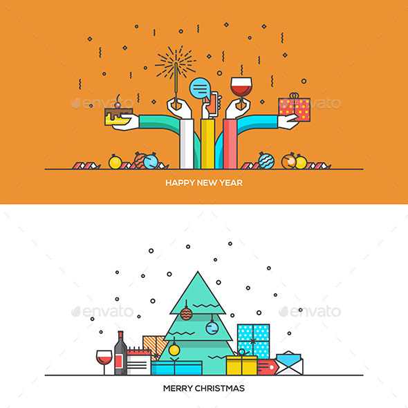 Christmas and New Year Flat Line Design - New Year Seasons/Holidays