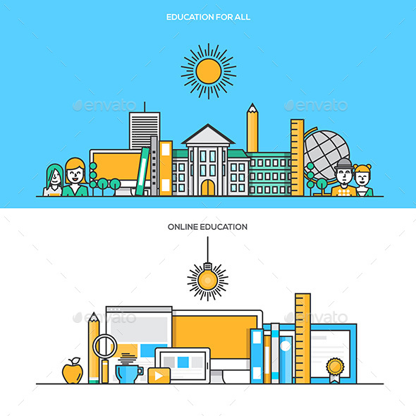 Set of Flat Line Color Banners - Technology Conceptual