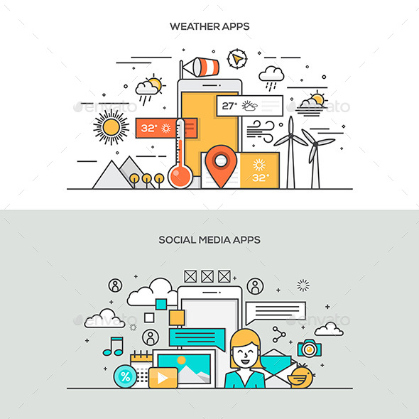 Set of Flat Line Color Banners - Media Technology