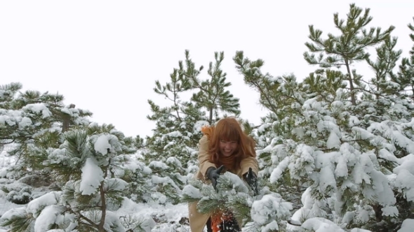 Young Woman Throws Up The Snow From The Trees