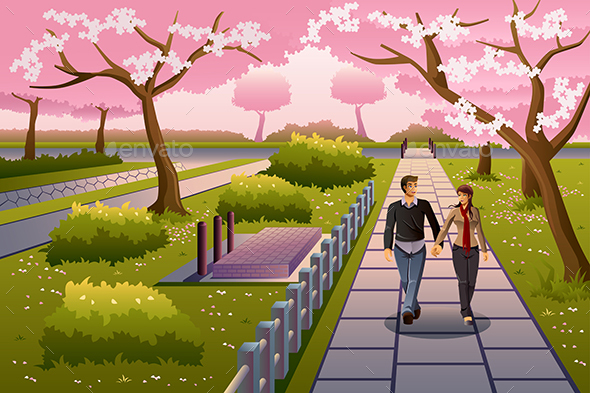 Couple Walking During Cherry Blossom - People Characters