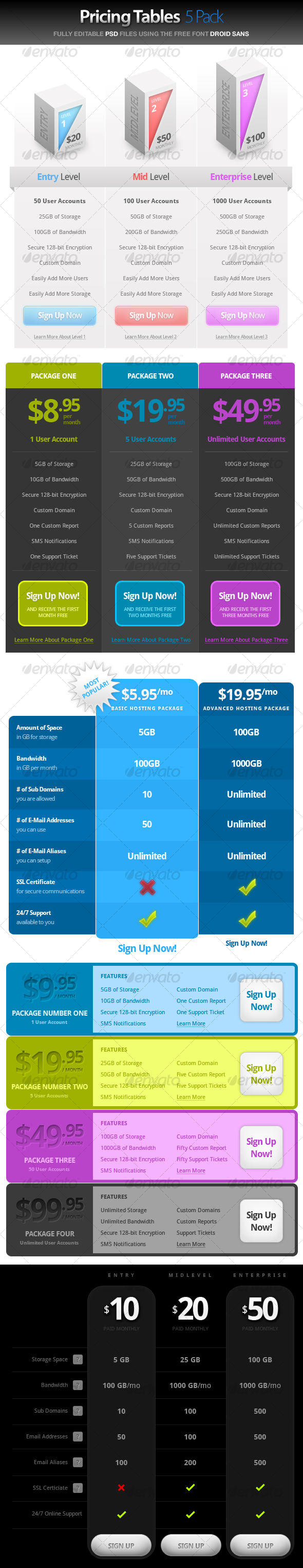 Pricing Tables - 5 Pack - Web Elements