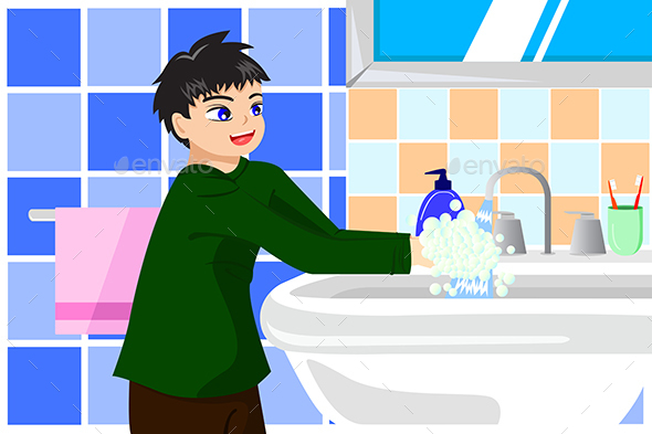 Boy Washing Hands with Soap - People Characters
