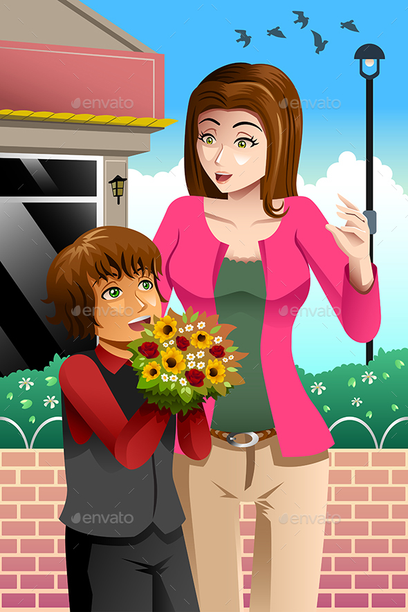 Girl Giving Bouquet of Flowers to Mother - People Characters