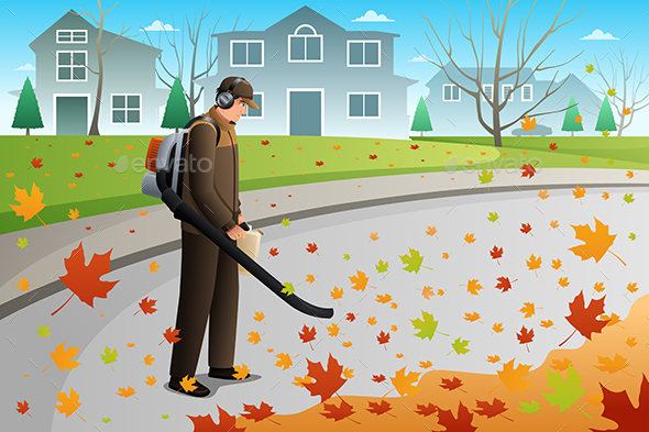 Man Clean Up Leaves During Fall Season - People Characters