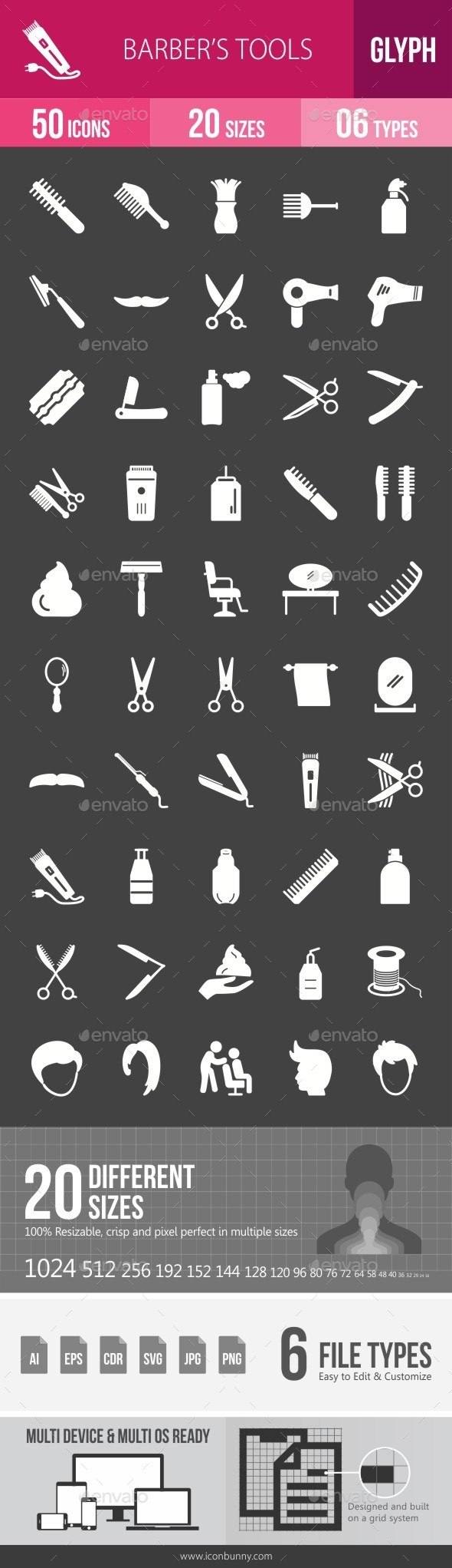 Barber's Tools Glyph Inverted Icons - Icons