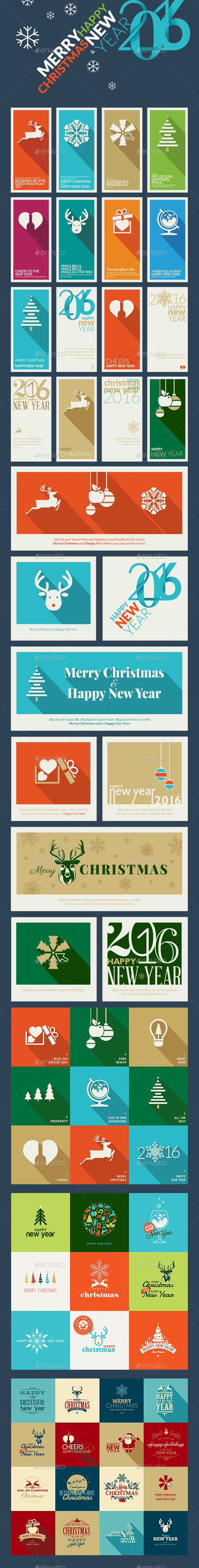 Flat Design Christmas and New Year Greeting Cards - Christmas Seasons/Holidays