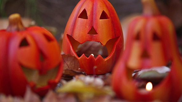 Scary Halloween Pumpkins Jack-O-Lantern Candle Lit