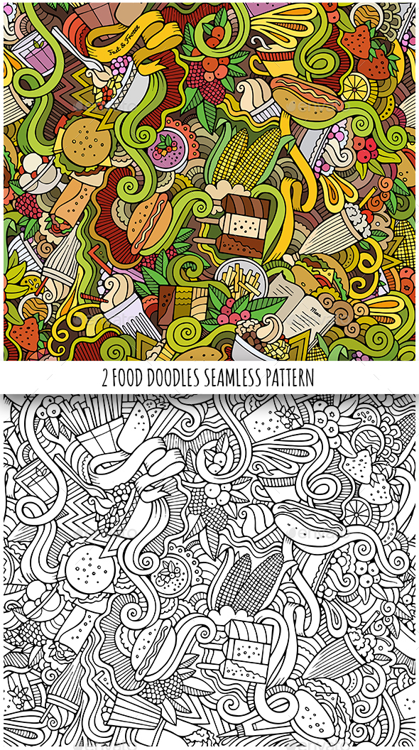 2 Food Doodles Seamless Patterns - Food Objects