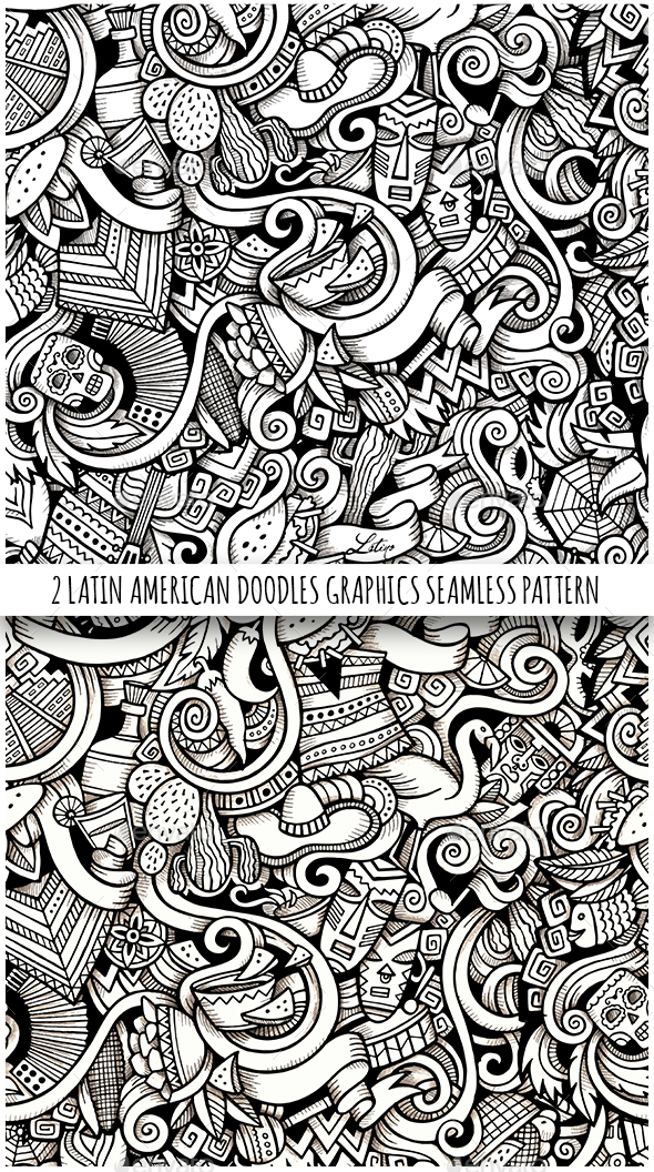 2 Latin America Doodles Graphics Seamless Patterns - Patterns Decorative
