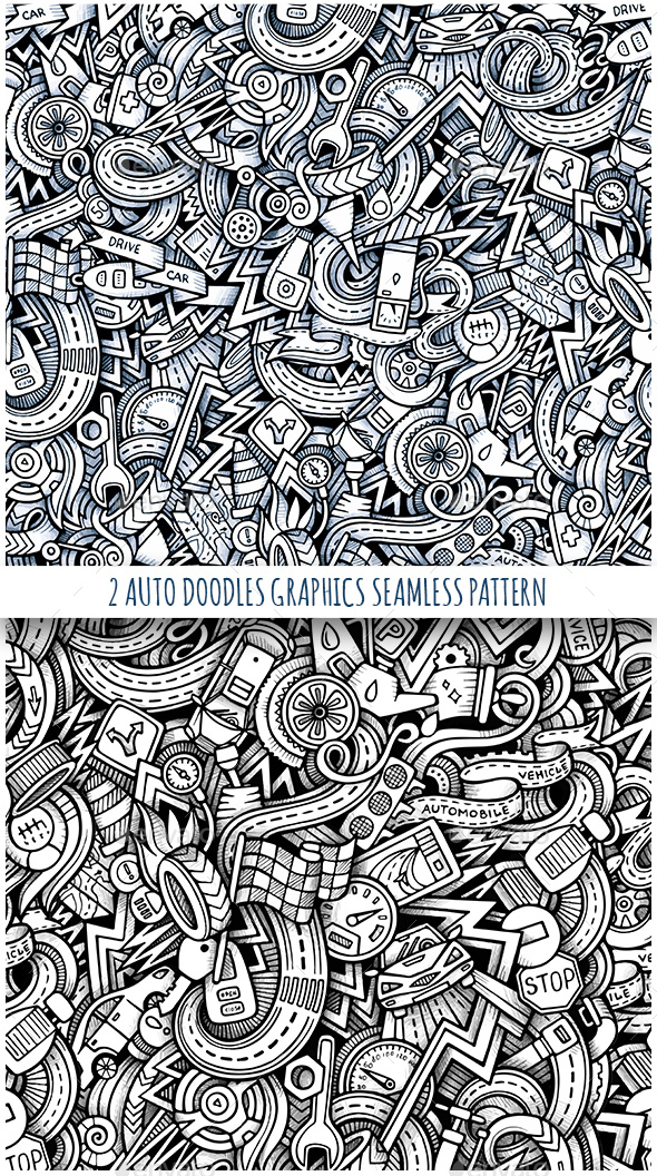 2 Vehicle Doodles Graphics Seamless Patterns - Technology Conceptual