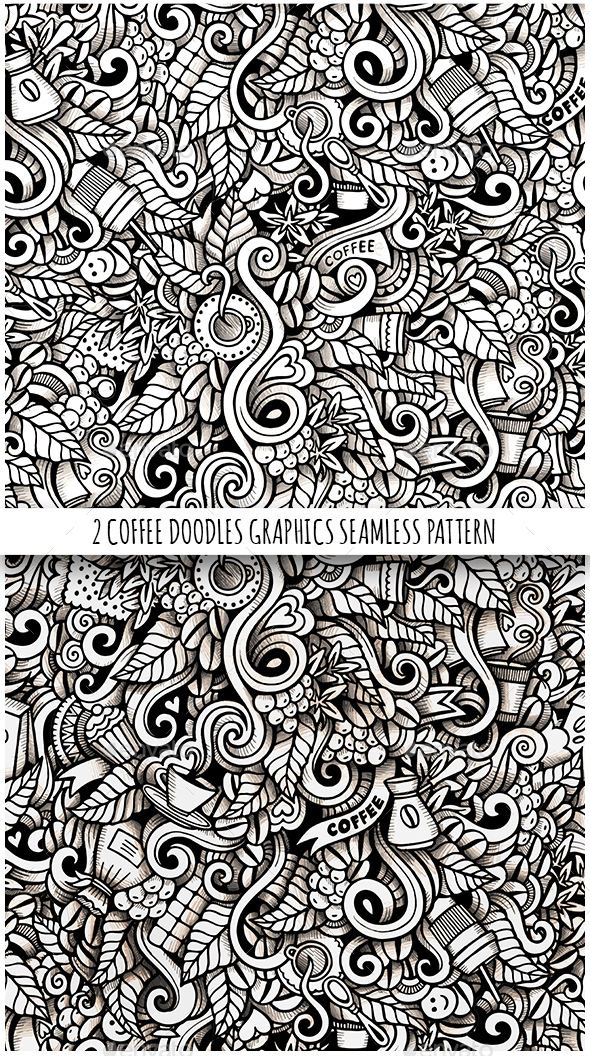 2 Coffee Doodles Graphics Seamless Patterns - Food Objects