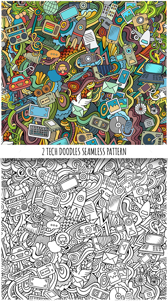 2 Technical Doodles Seamless Patterns - Technology Conceptual